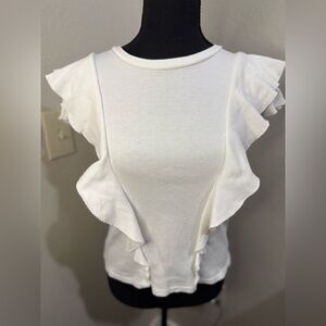Veronica Beard White Ribbed Top with Ruffles